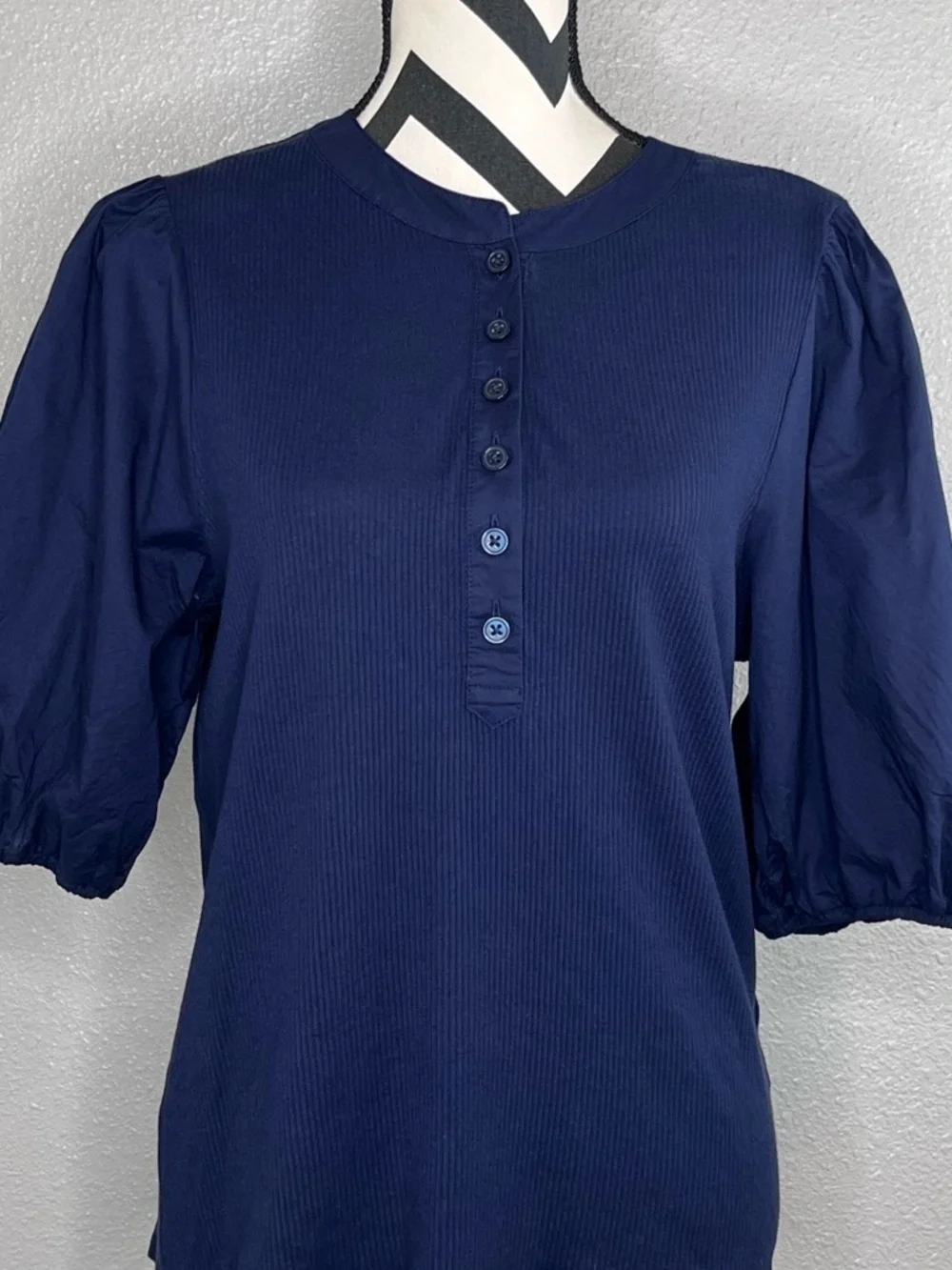 J. Crew Sz XL Navy Blue Perfect Rib Puff-sleeve Henley Shirt